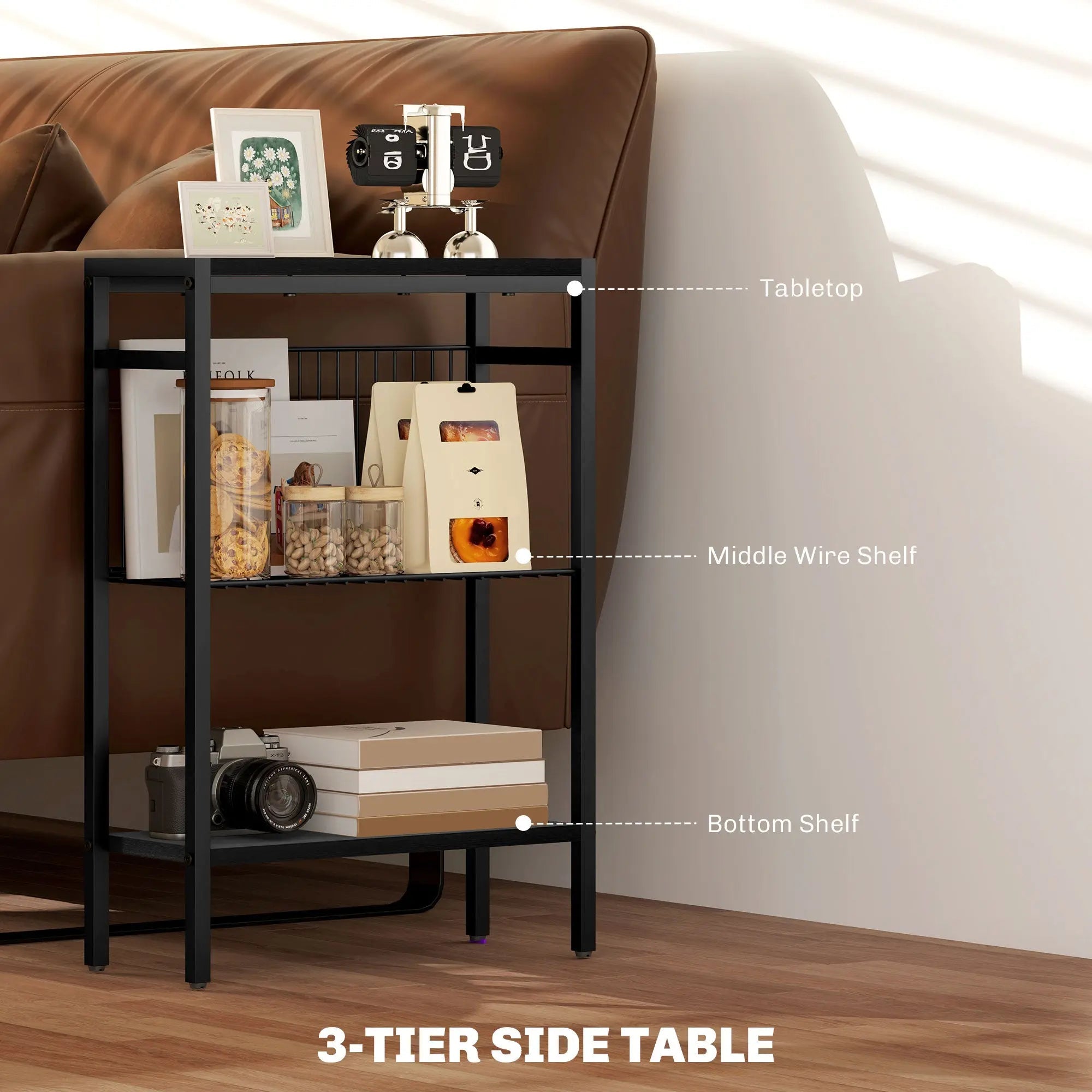 Black metal 3-tier side table from homcom with sleek minimalist design and handy adjustable feet for stability