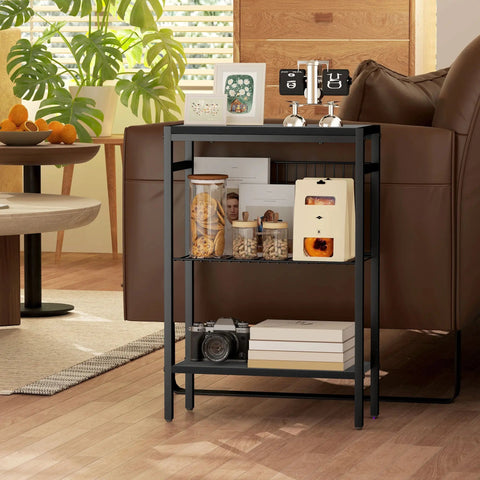 Black metal side table with three shelves minimalist design and handy adjustable feet for stability by HOMCOM