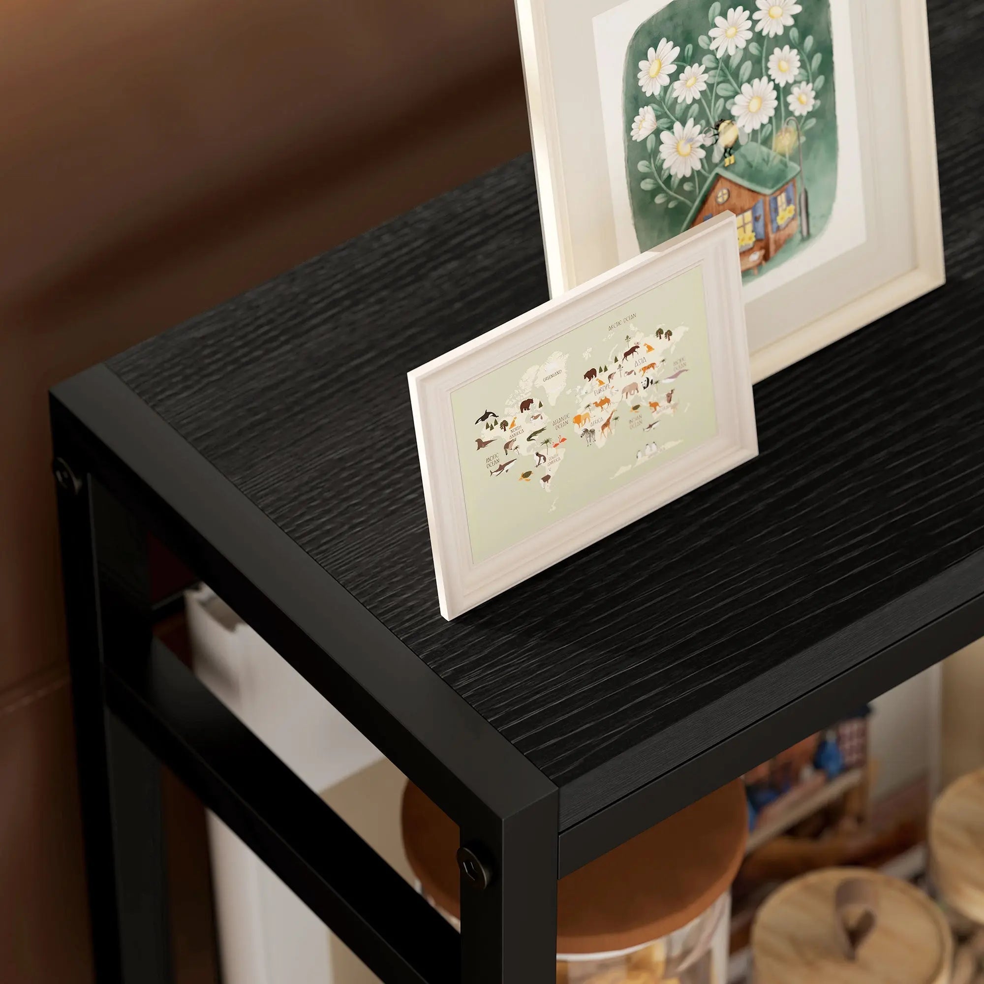 Black metal side table with three shelves textured surface and handy adjustable feet from HOMCOM industrial style