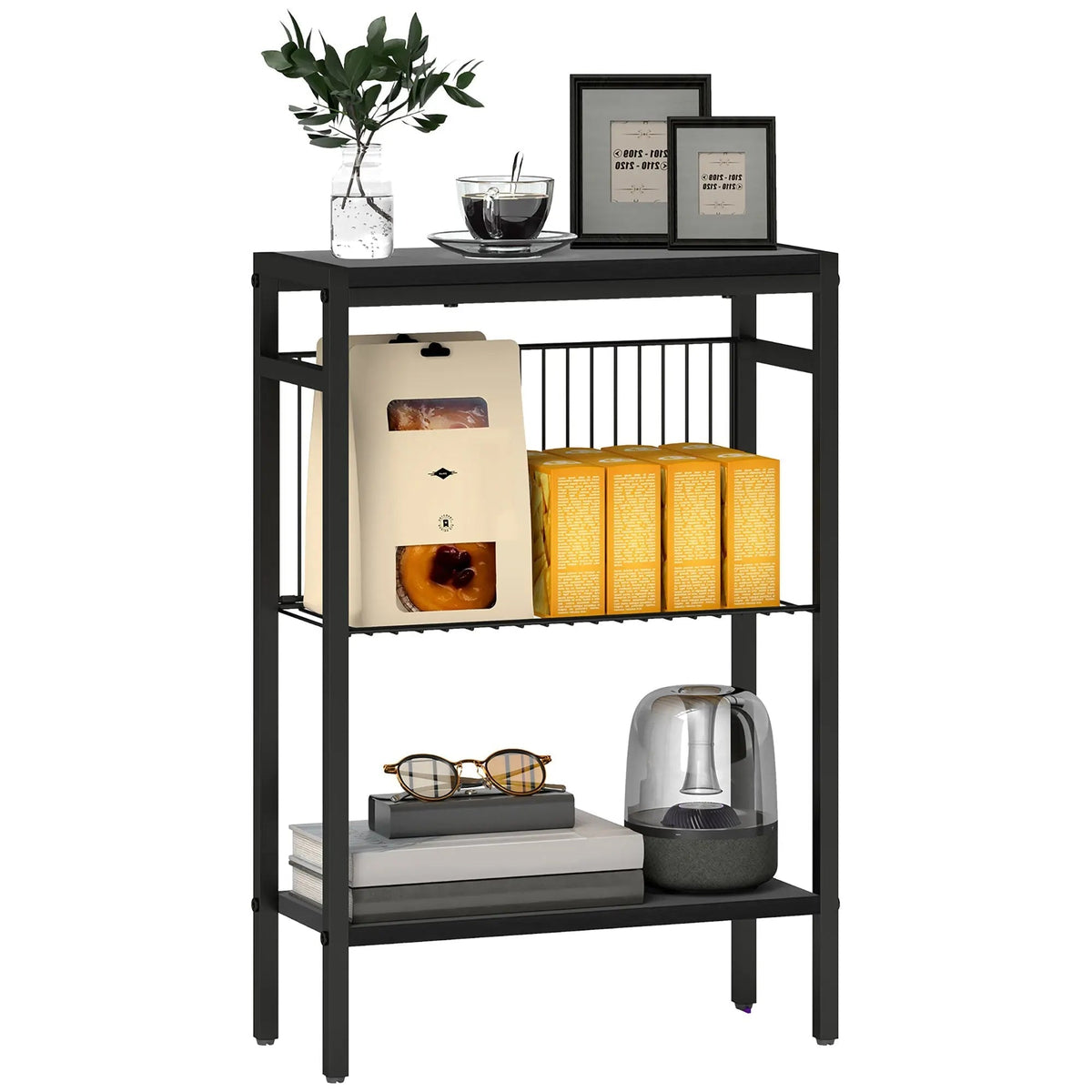 Black metal two-tier shelf with open wire mesh backing and handy adjustable feet from homcom industrial side table