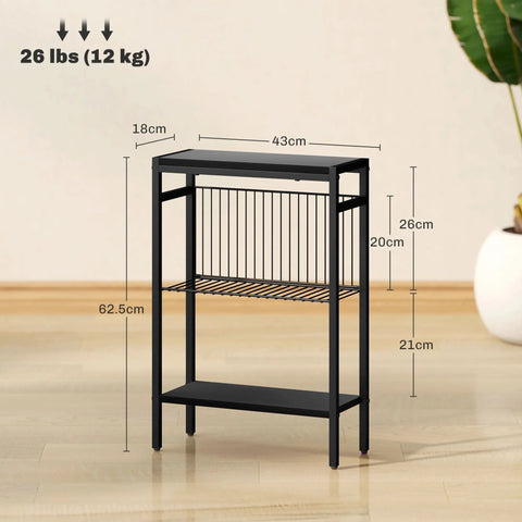 Black metal HOMCOM three shelf industrial side table with solid top, wire mesh middle, flat bottom, and handy adjustable feet