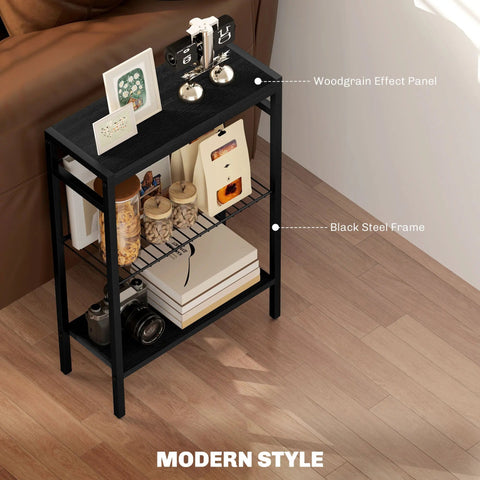 Black steel-framed homcom three shelf industrial side table with woodgrain panel and handy adjustable feet