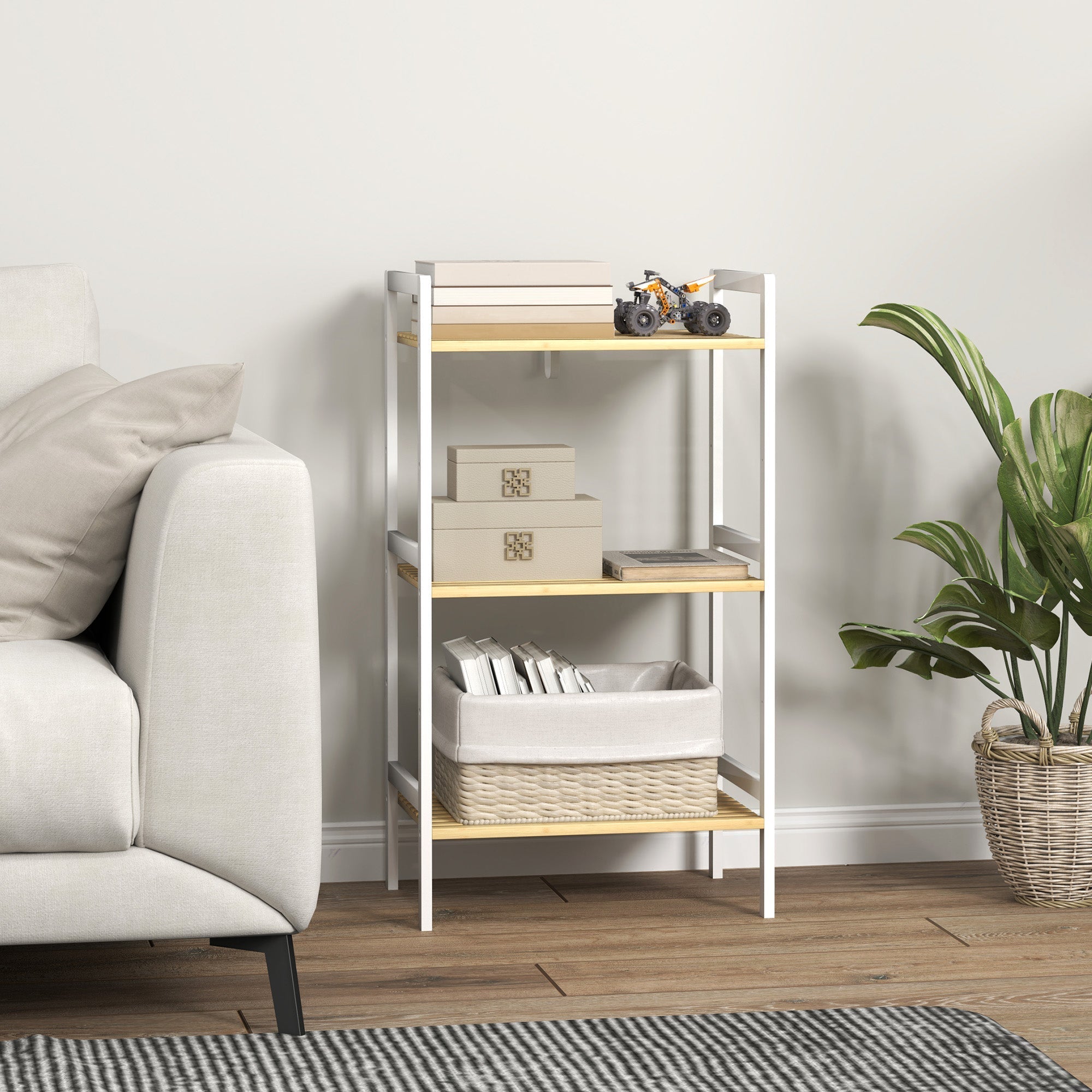 Homcom three-tier bamboo adjustable bathroom shelf with white metal frame light wood shelves and woven basket on bottom tier