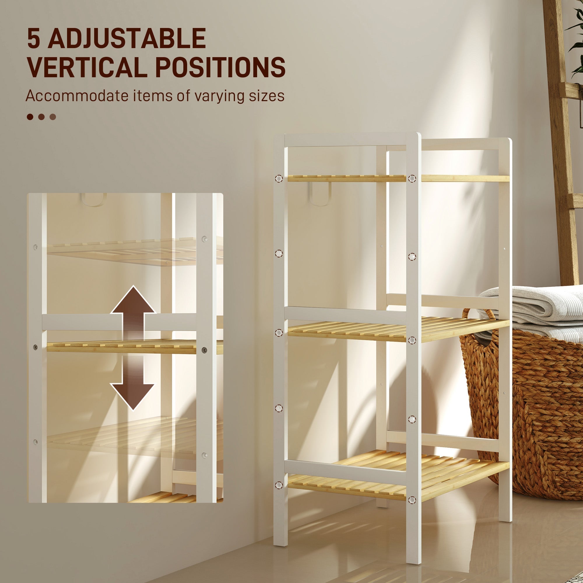 White and light wood homcom bathroom shelf with three shelves and five vertical adjustable bamboo tiers