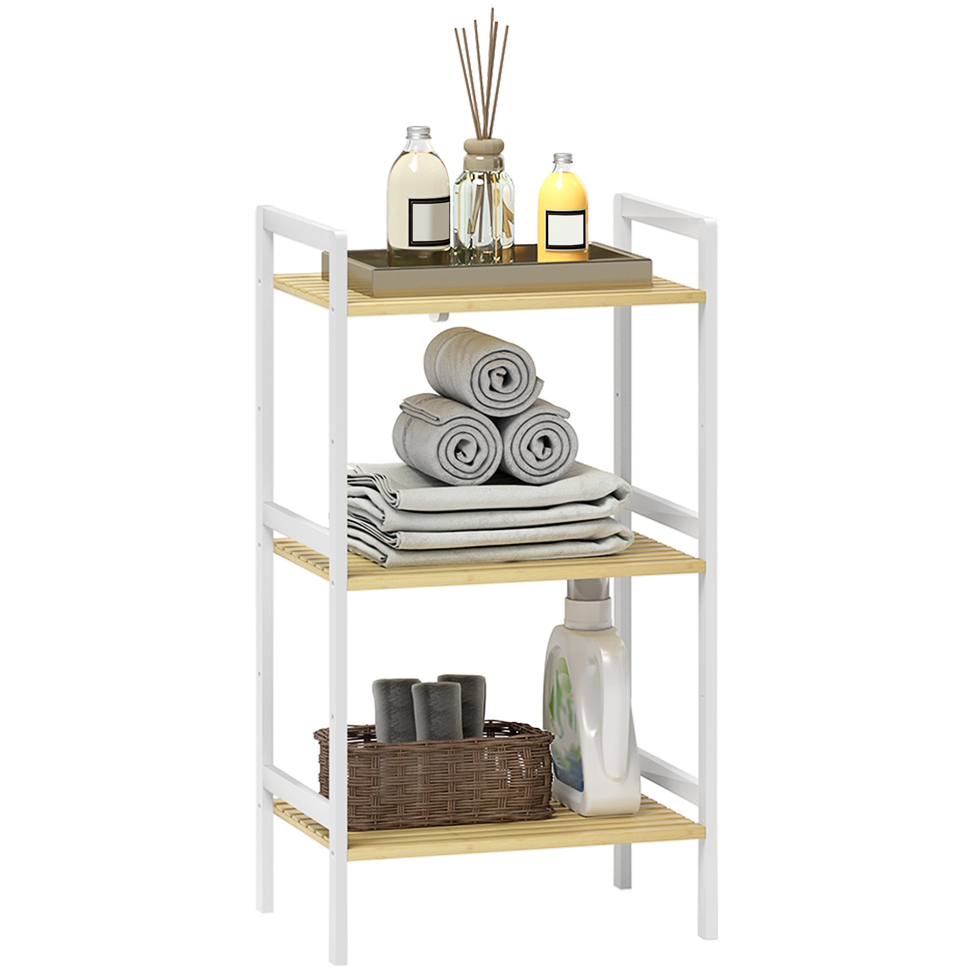 Homcom three-tier bamboo bathroom shelf with white and light wood slatted shelves and three shelves for storage