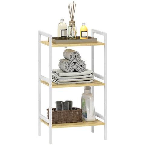 Homcom three-tier bamboo bathroom shelf with white and light wood slatted shelves and three shelves for storage