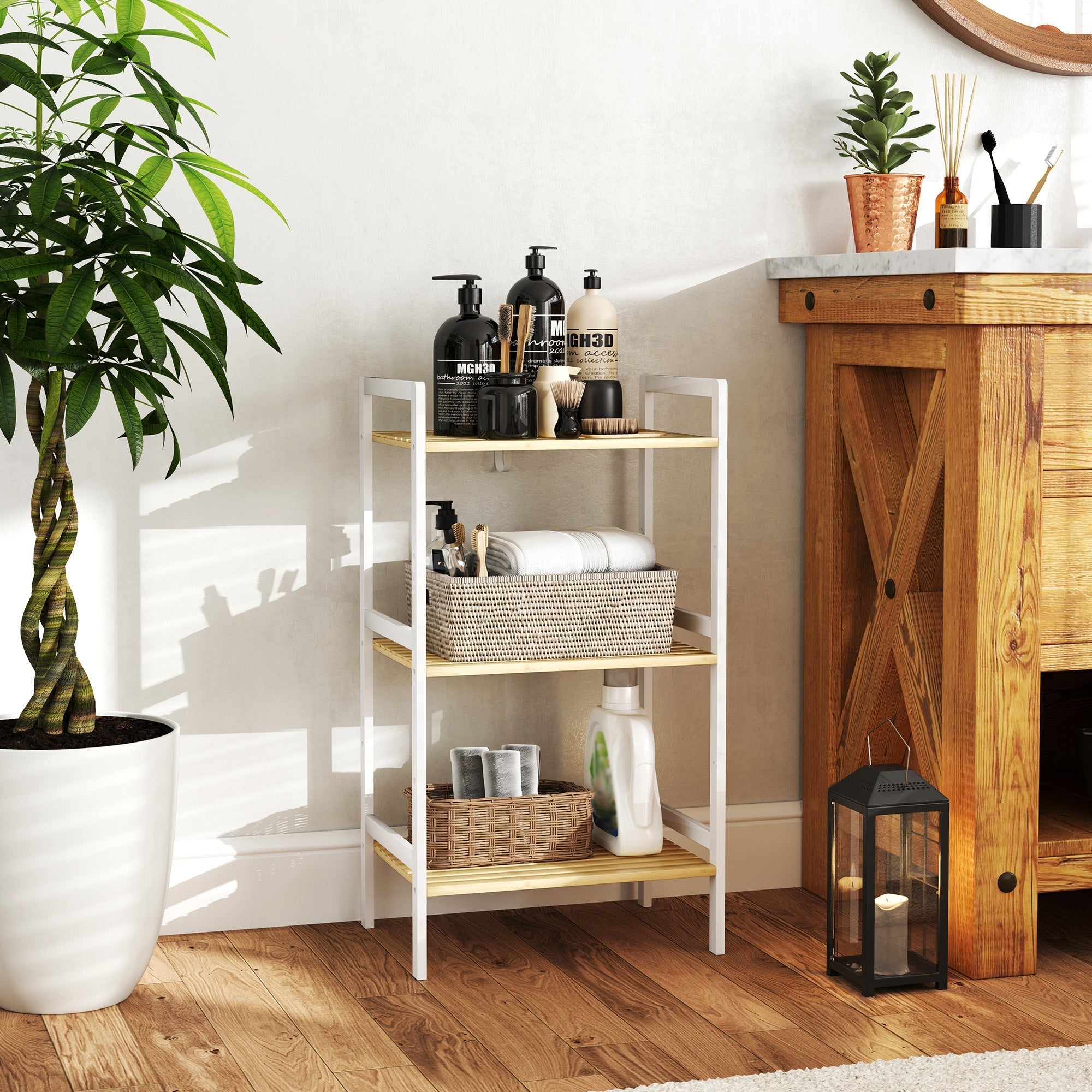 White metal and wood three-tier bathroom shelf with woven wicker baskets featuring three shelves for storage