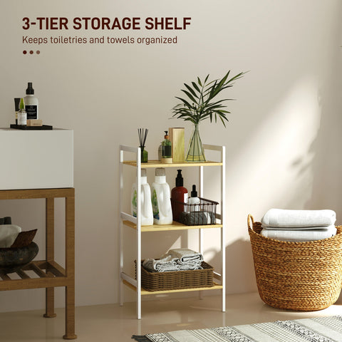 Homcom three-tier bamboo adjustable bathroom shelf with white metal frame and light wood three shelves design