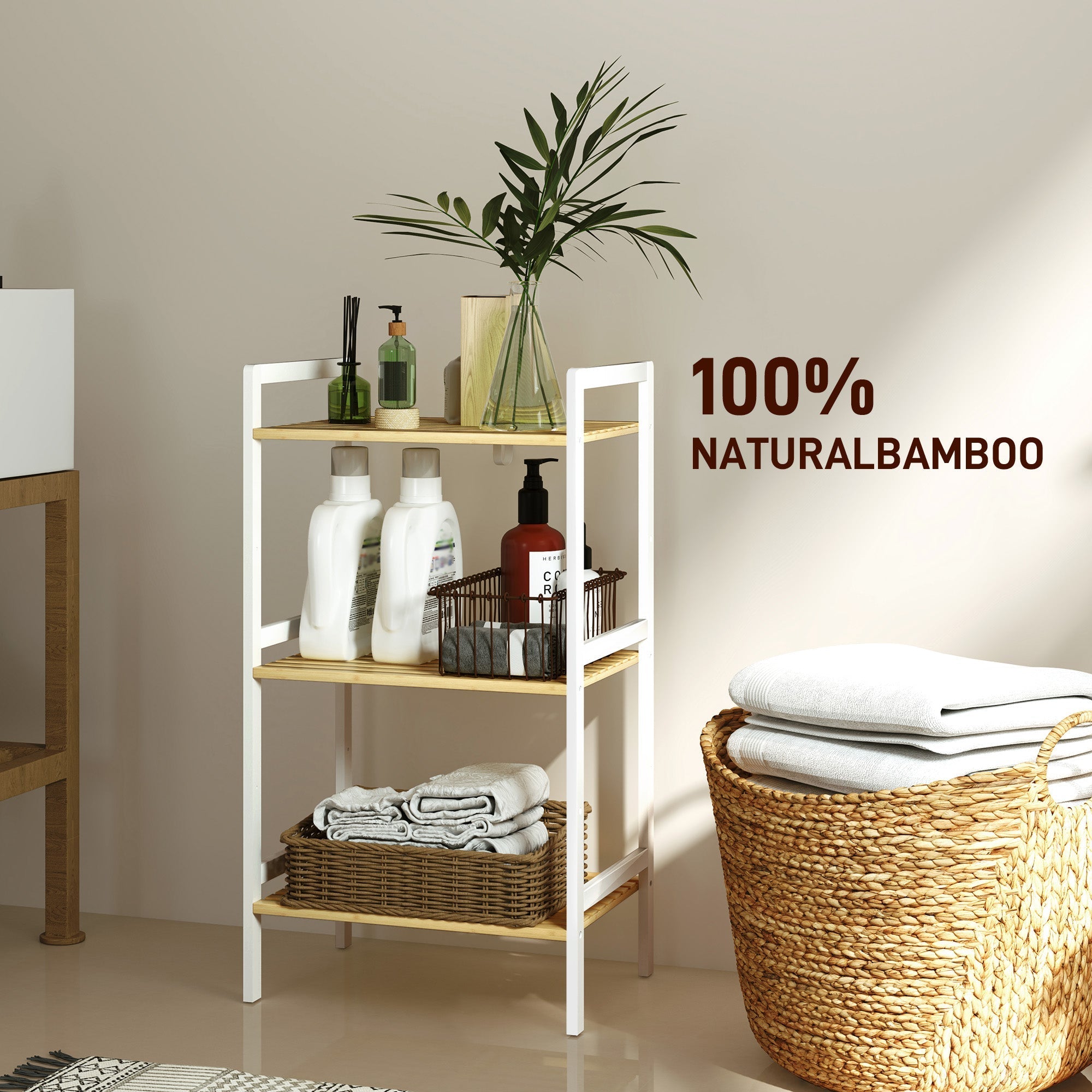 White-framed three-tier bamboo bathroom shelf with light wood shelves and woven wicker baskets for storage