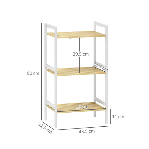 White metal frame bathroom shelf with three light wood slatted shelves for versatile storage and organization