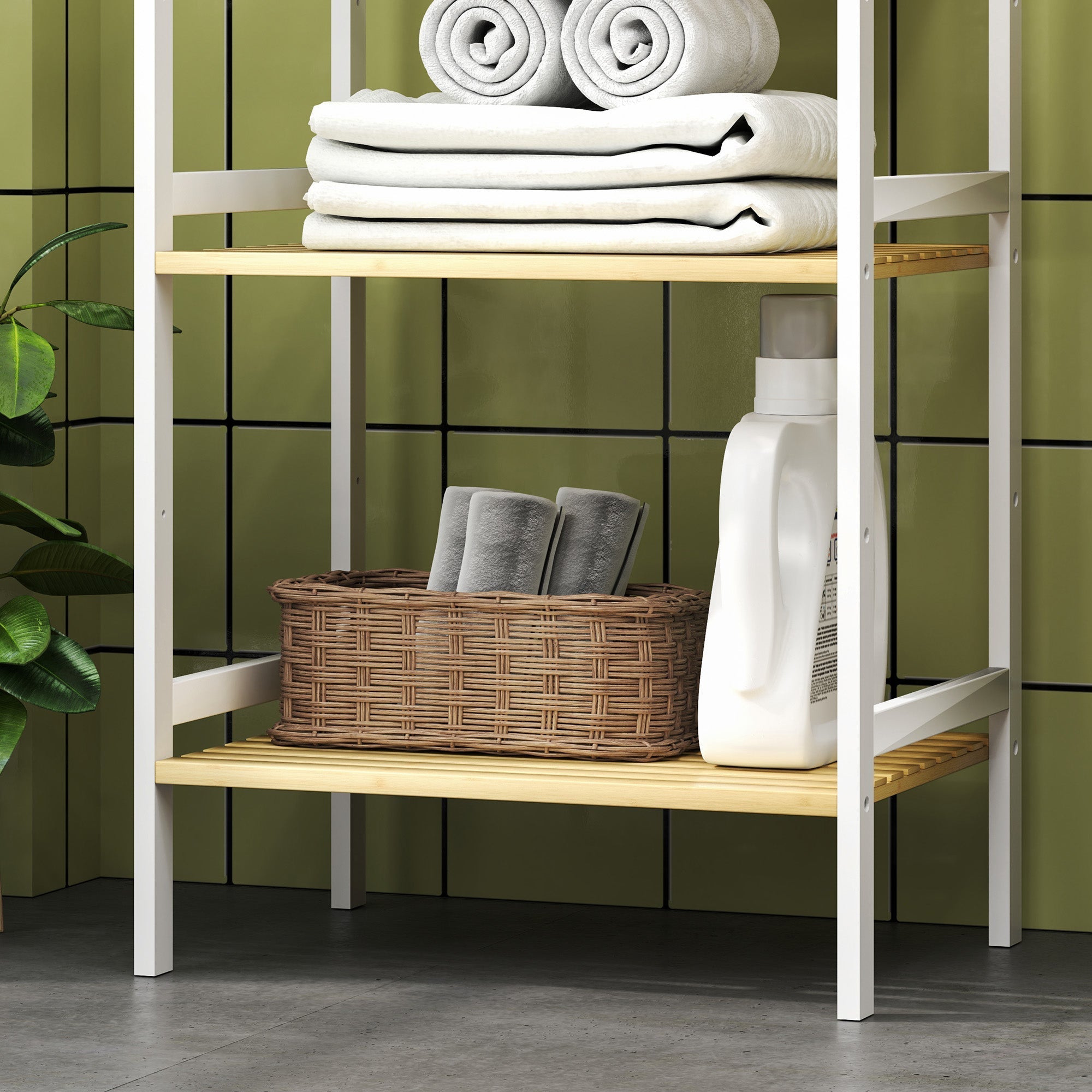 White metal and light wood bathroom shelf with three shelves and woven wicker basket for extra storage
