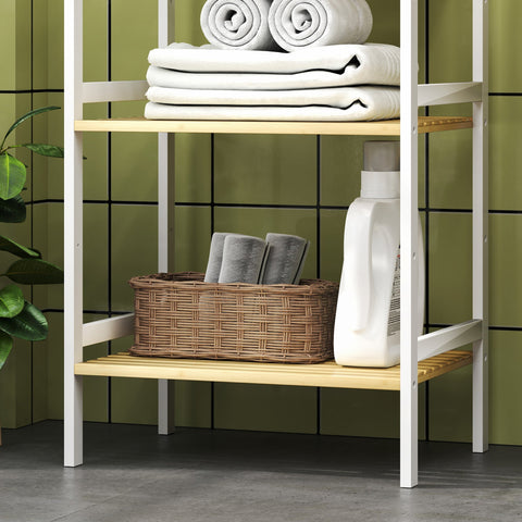 White metal and light wood bathroom shelf with three shelves and woven wicker basket for extra storage