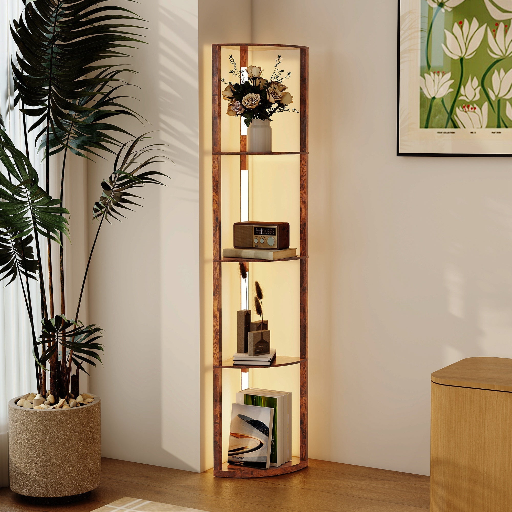 Modern homcom floor lamp with three-level adjustable brightness and warm rustic wood corner shelves to start enjoying