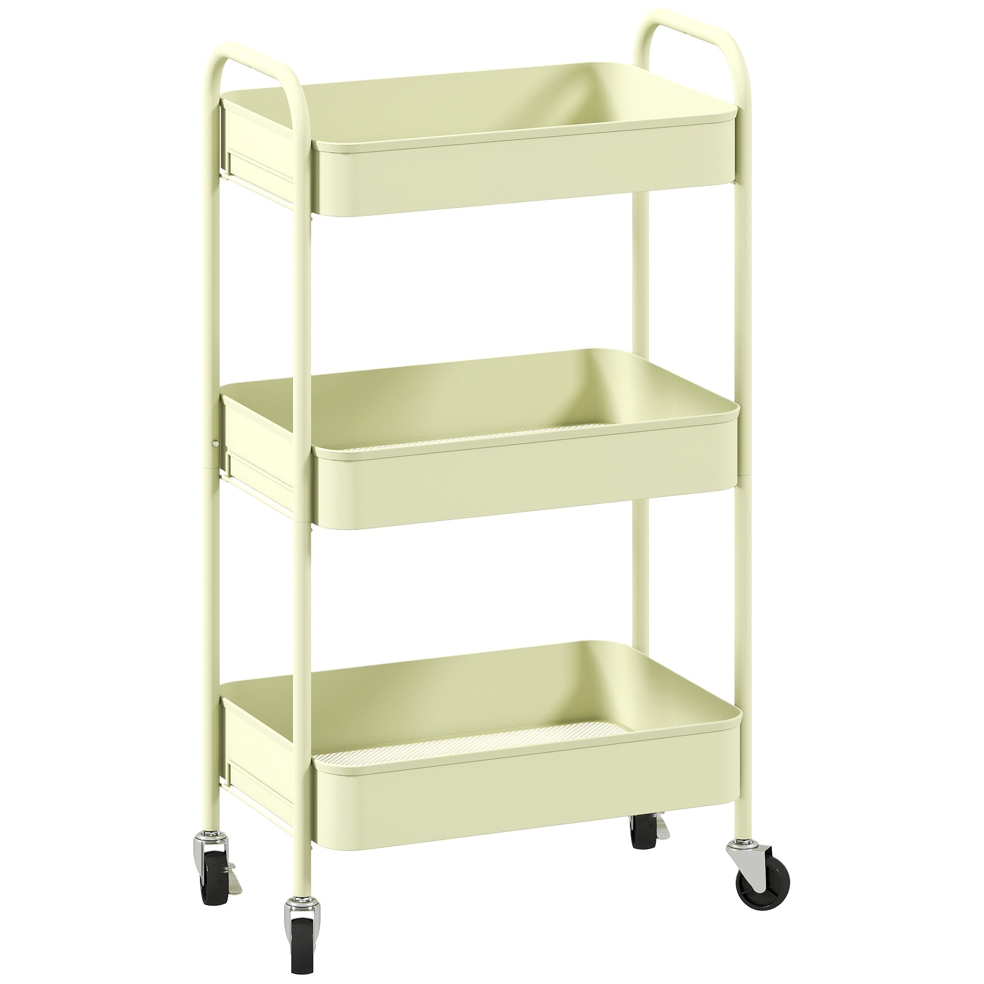 Cream-colored homcom three-tier steel utility cart with four wheels and large basket plastic trays and metal frame