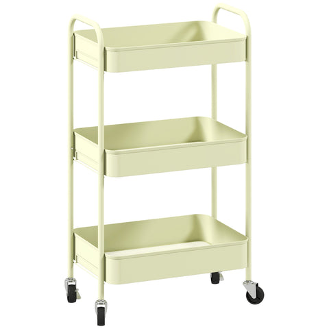 Cream-colored homcom three-tier steel utility cart with four wheels and large basket plastic trays and metal frame