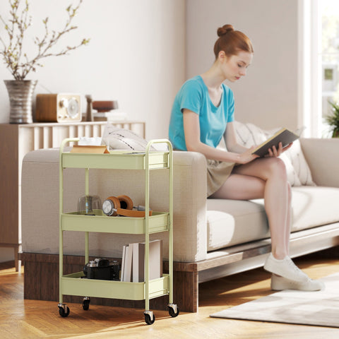 Green homcom three-tier steel utility cart with large basket and four black wheels on minimalist metal frame