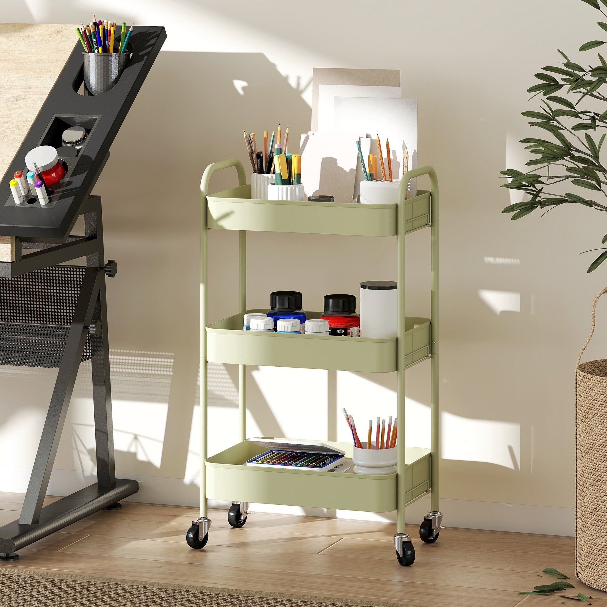 Homcom three-tier steel storage trolley in green with large basket and four wheels for art supplies utility cart