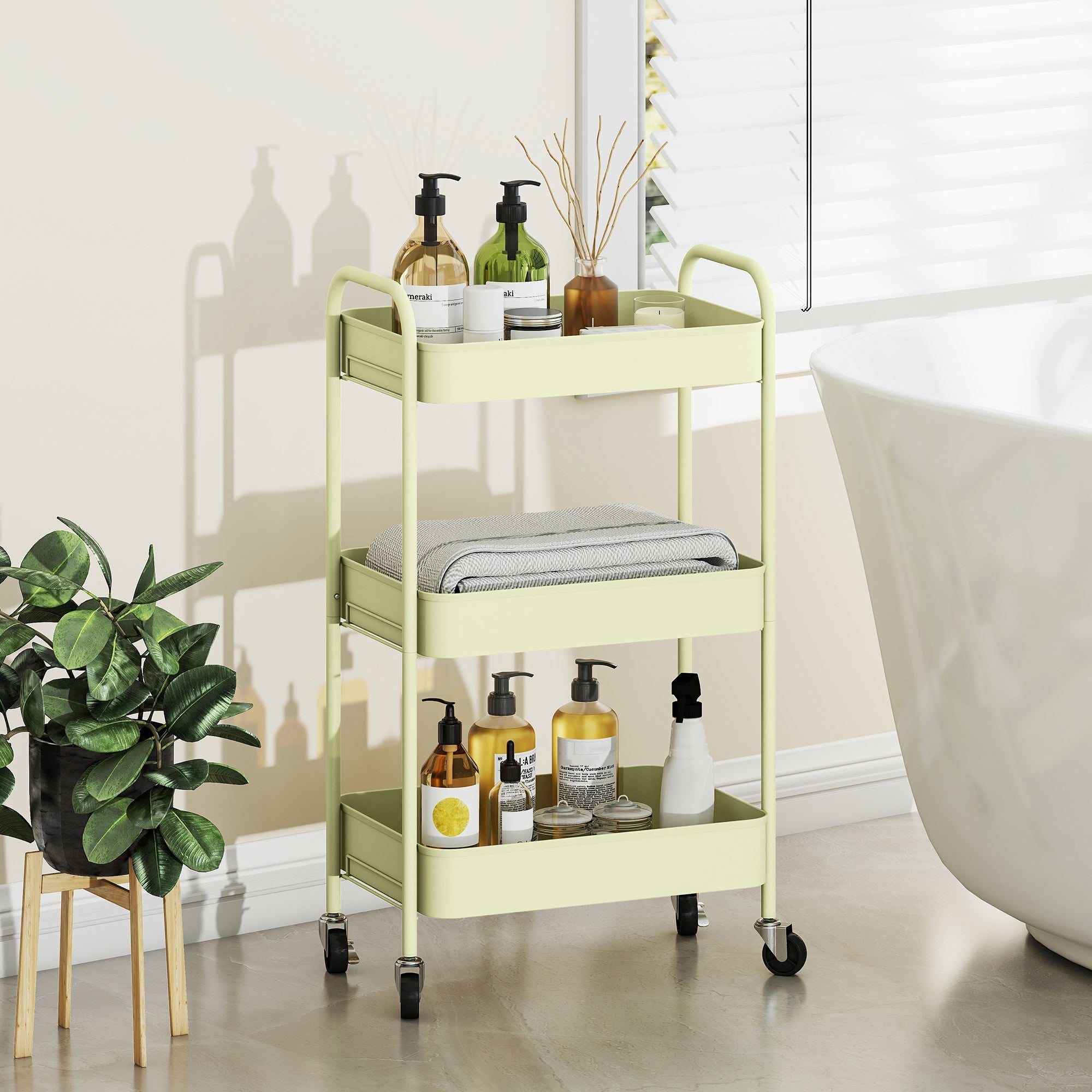 Light green homcom three-tier steel utility cart with large basket and four wheels for easy rolling and storage