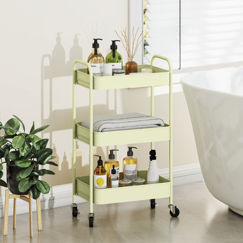 Light green homcom three-tier steel utility cart with large basket and four wheels for easy rolling and storage