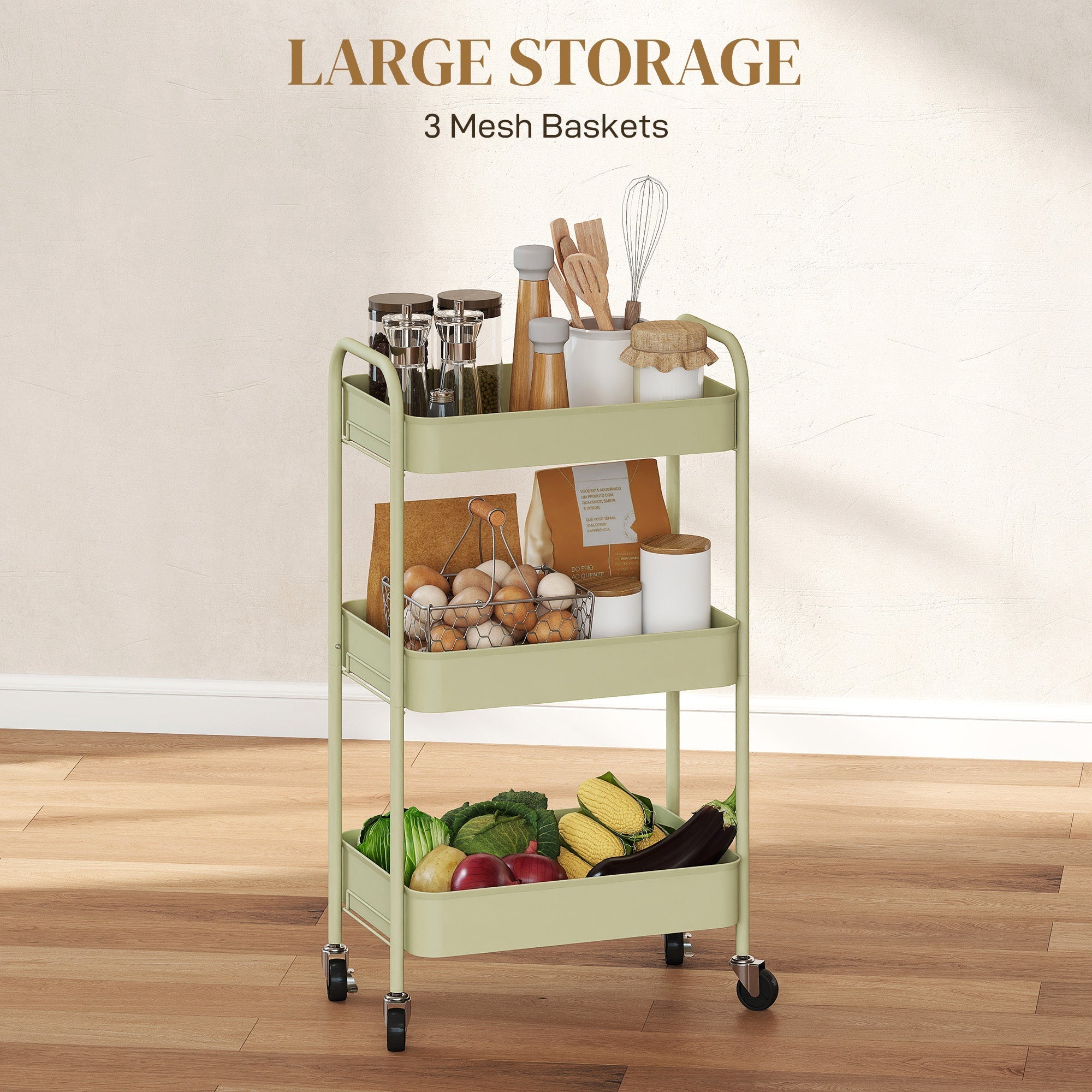 Light green homcom three-tier steel utility cart with large mesh baskets and four wheels for easy rolling