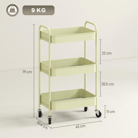 Light green homcom three-tier steel storage trolley utility cart with large basket four black wheels and handlebars