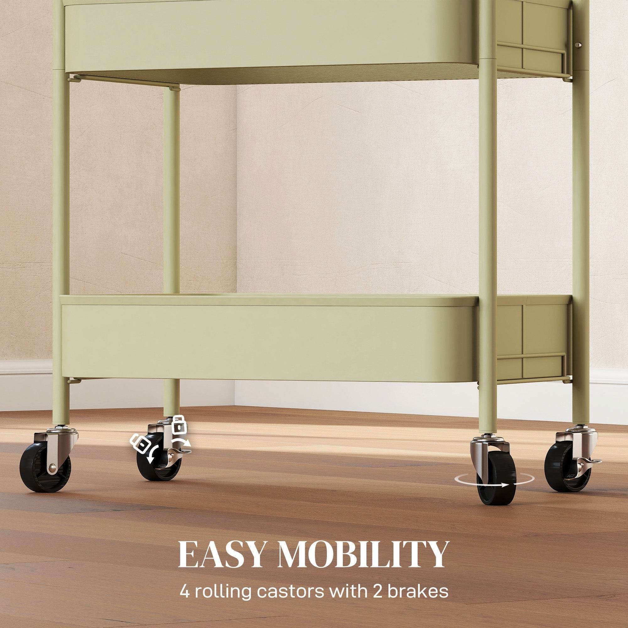 Mint green homcom three-tier steel utility cart with large basket and four wheels with brakes for easy storage