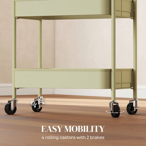 Mint green homcom three-tier steel utility cart with large basket and four wheels with brakes for easy storage