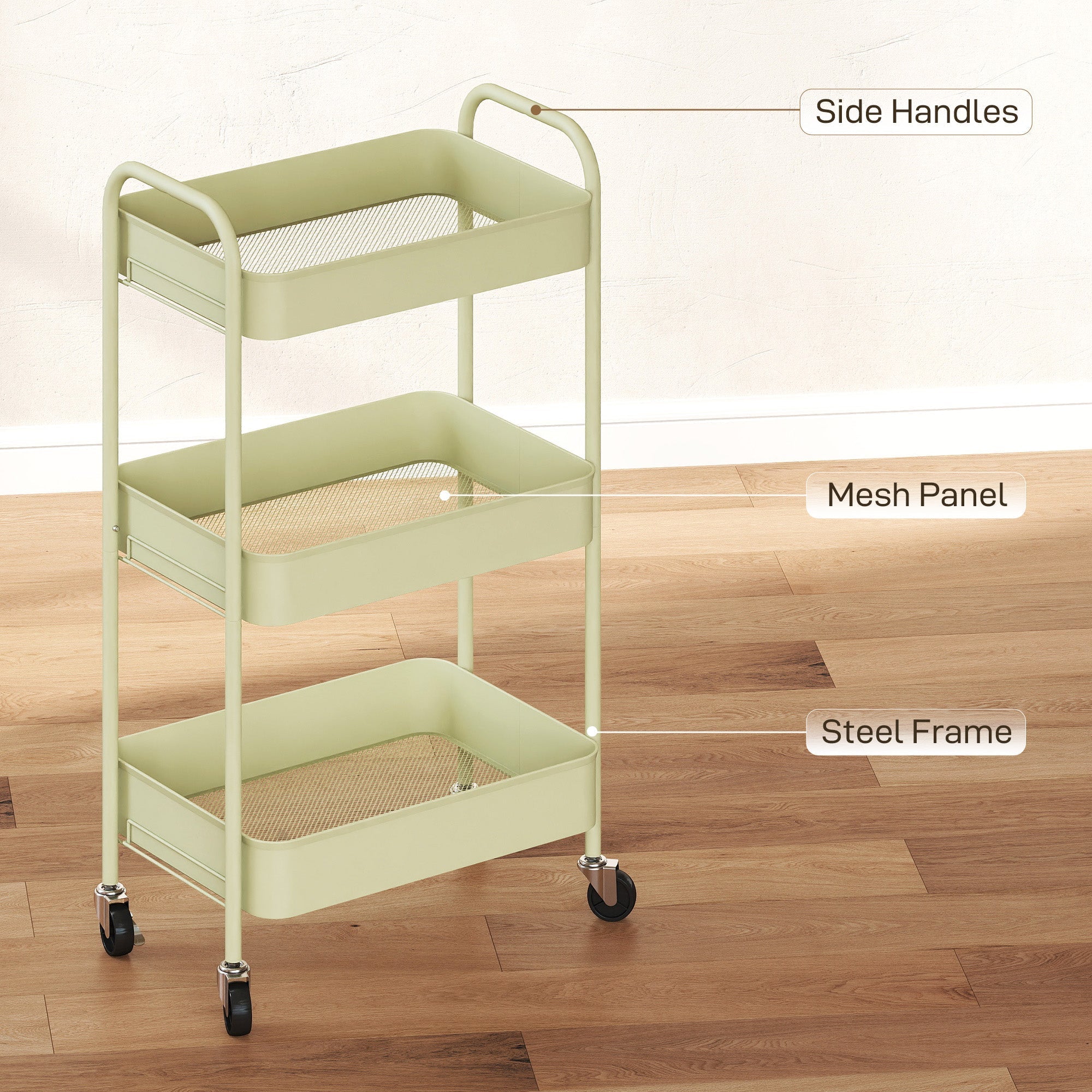 HOMCOM three-tier steel storage trolley in mint green with mesh shelves large basket and four wheels utility cart
