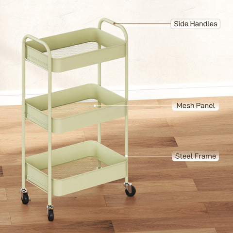 HOMCOM three-tier steel storage trolley in mint green with mesh shelves large basket and four wheels utility cart