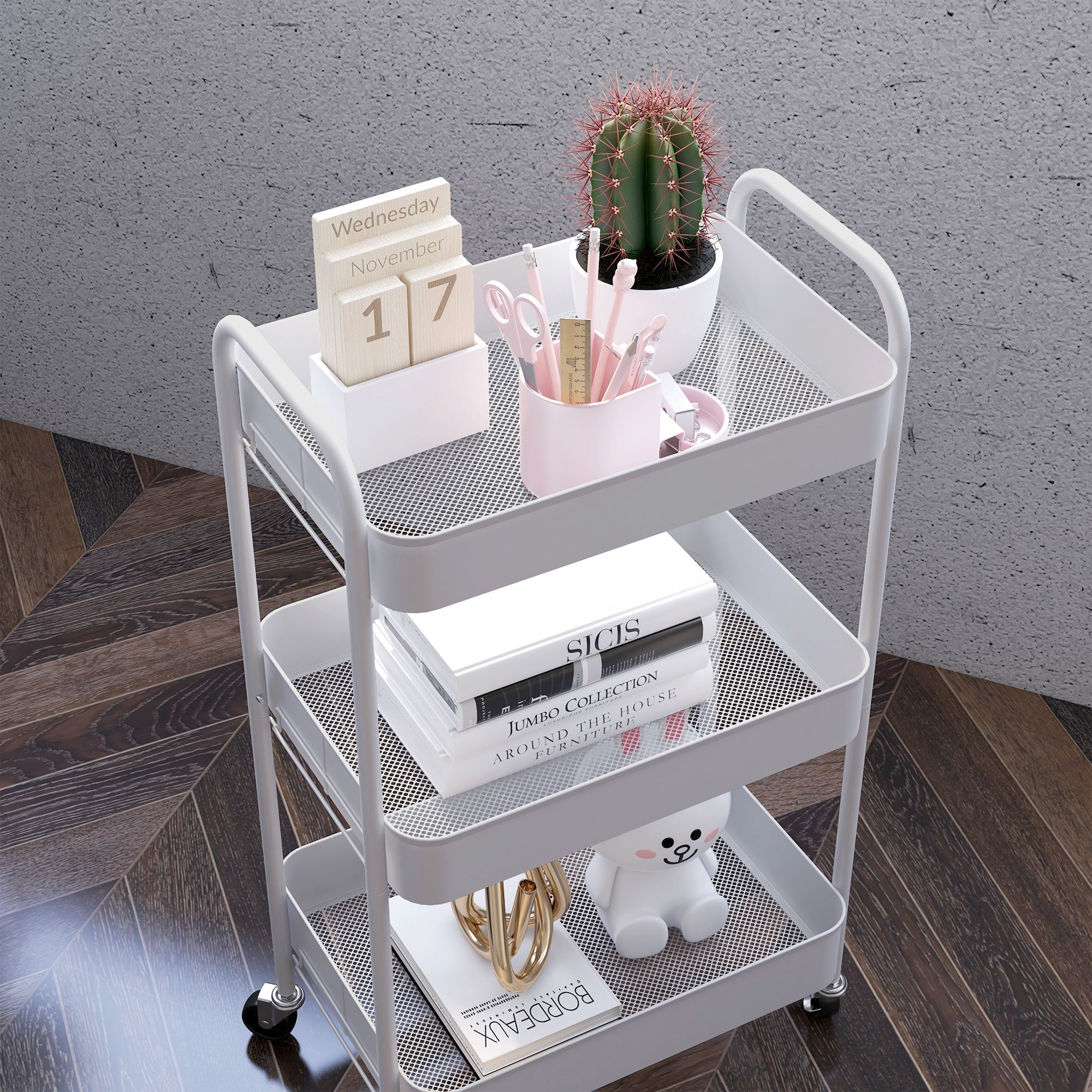 White three-tier steel utility cart with mesh shelves large basket and four wheels for easy storage and mobility