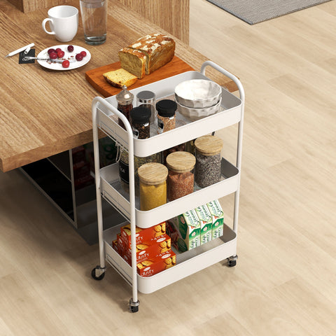 Homcom three-tier steel utility cart in white with large basket and four wheels holding jars bowls and snack boxes