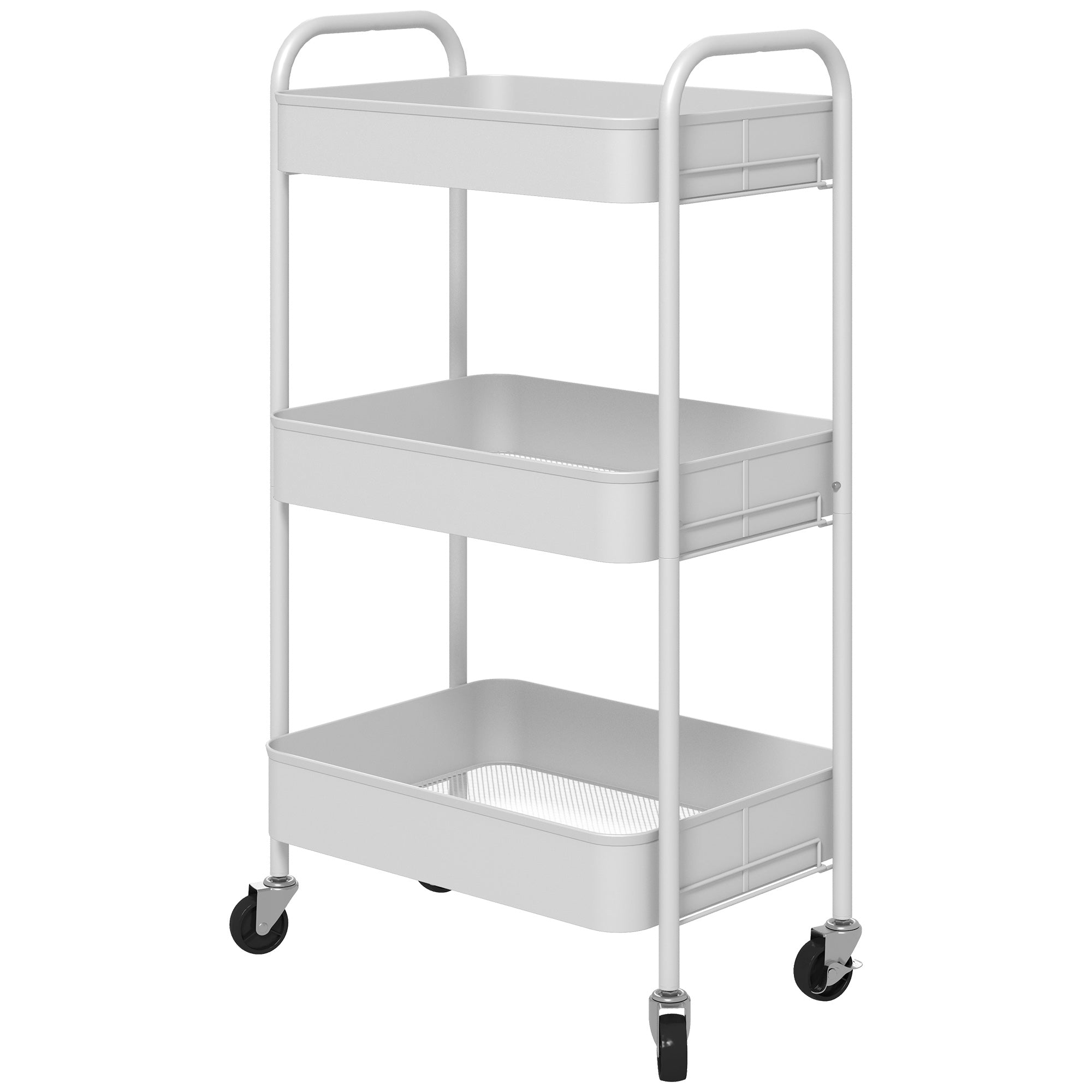 White three-tier steel storage trolley with metal frame plastic shelves large basket and four wheels utility cart
