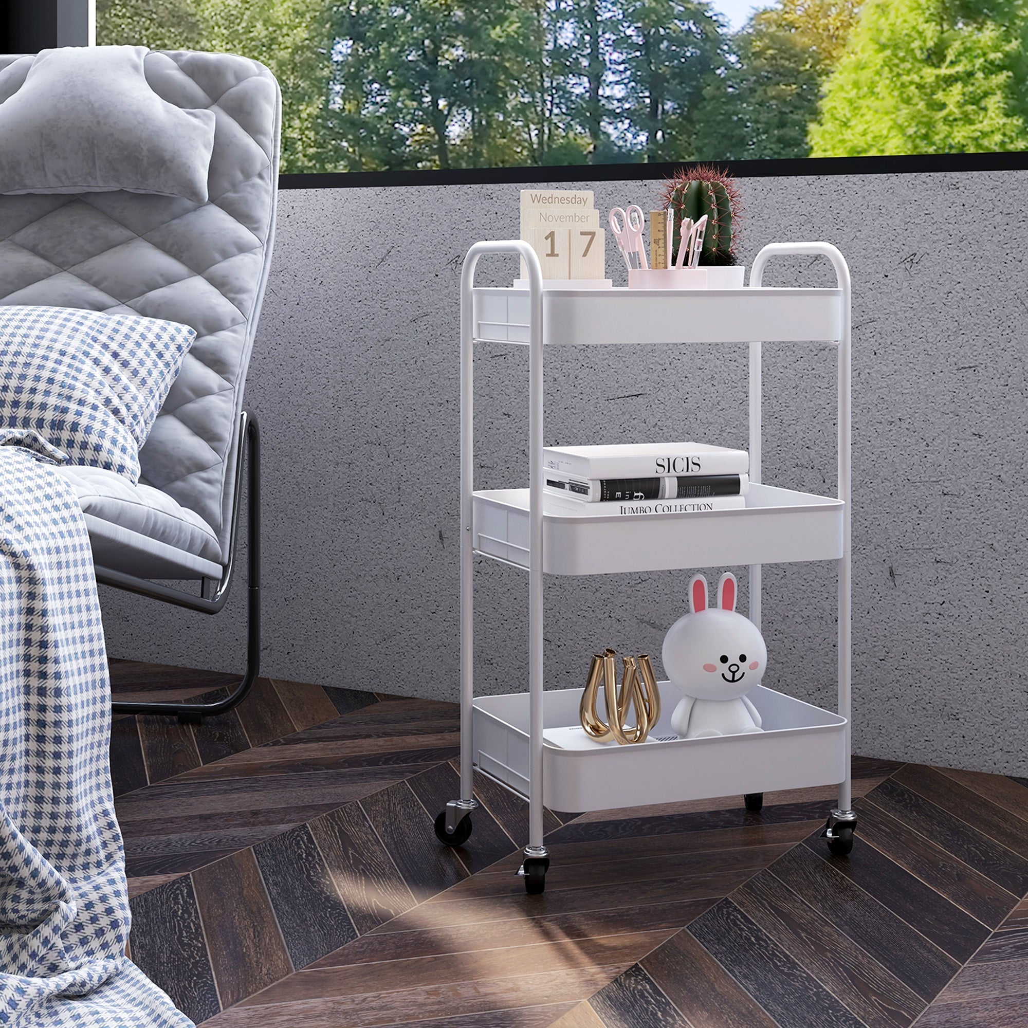 White homcom three-tier steel utility cart with metal frame large basket and four black wheels for easy rolling