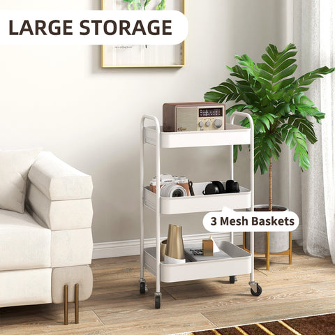 White homcom three-tier steel utility cart with large mesh baskets and four wheels for easy rolling storage