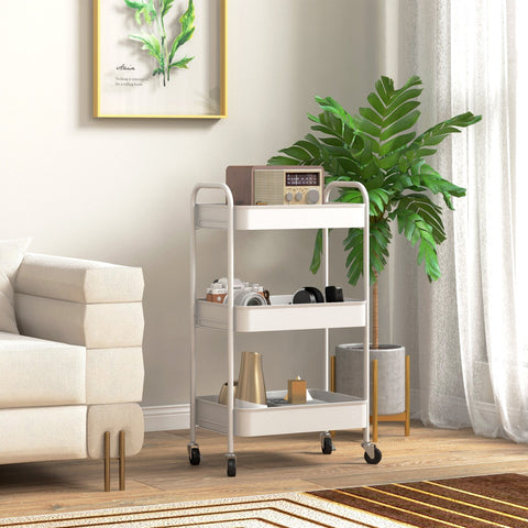 White three-tier steel utility cart with large basket and four wheels by homcom for easy rolling storage
