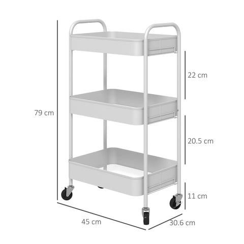 White homcom three-tier steel utility cart with large basket, four wheels, and handlebars for easy storage and transport