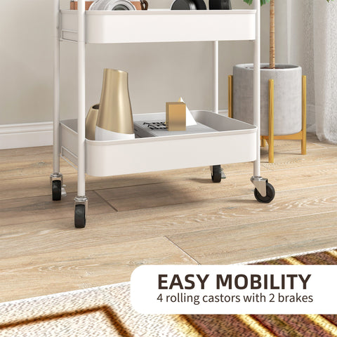White homcom three-tier steel utility cart with large basket and four wheels with black casters and silver brakes