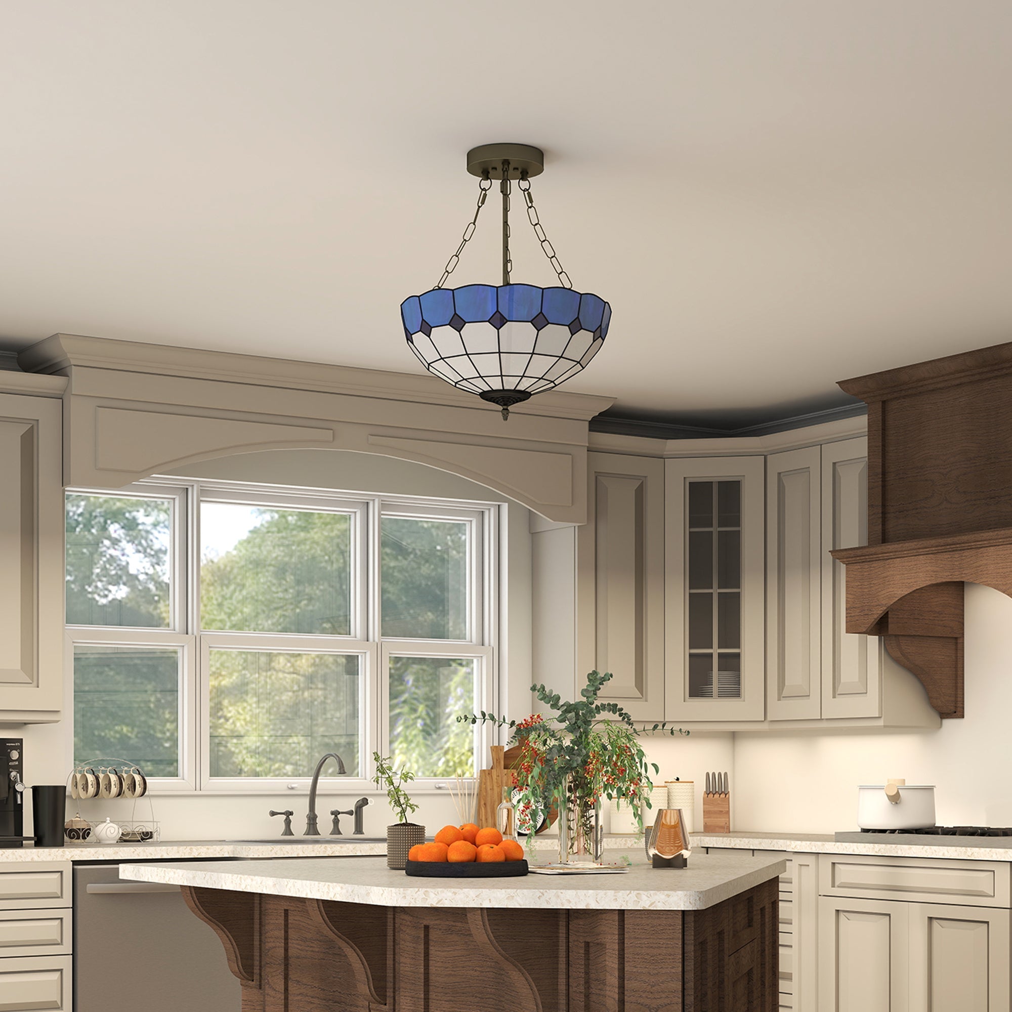Homcom tiffany style ceiling light with blue and white stained glass and bronze frame featuring three e27 bulb sockets