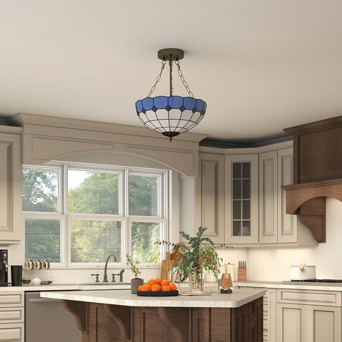 Homcom tiffany style ceiling light with blue and white stained glass and bronze frame featuring three e27 bulb sockets