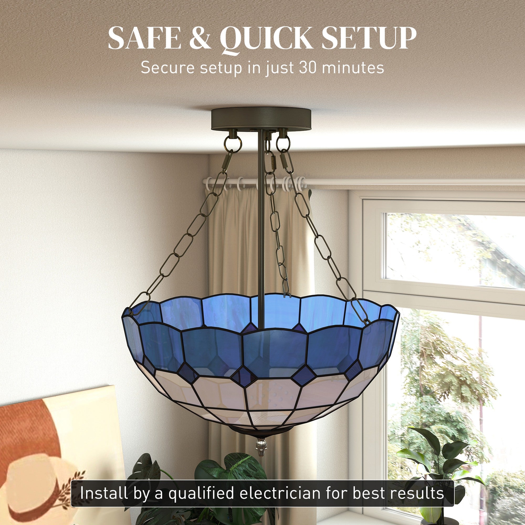 Blue and white stained glass ceiling light with dark metal frame and three e27 bulb sockets for living room use