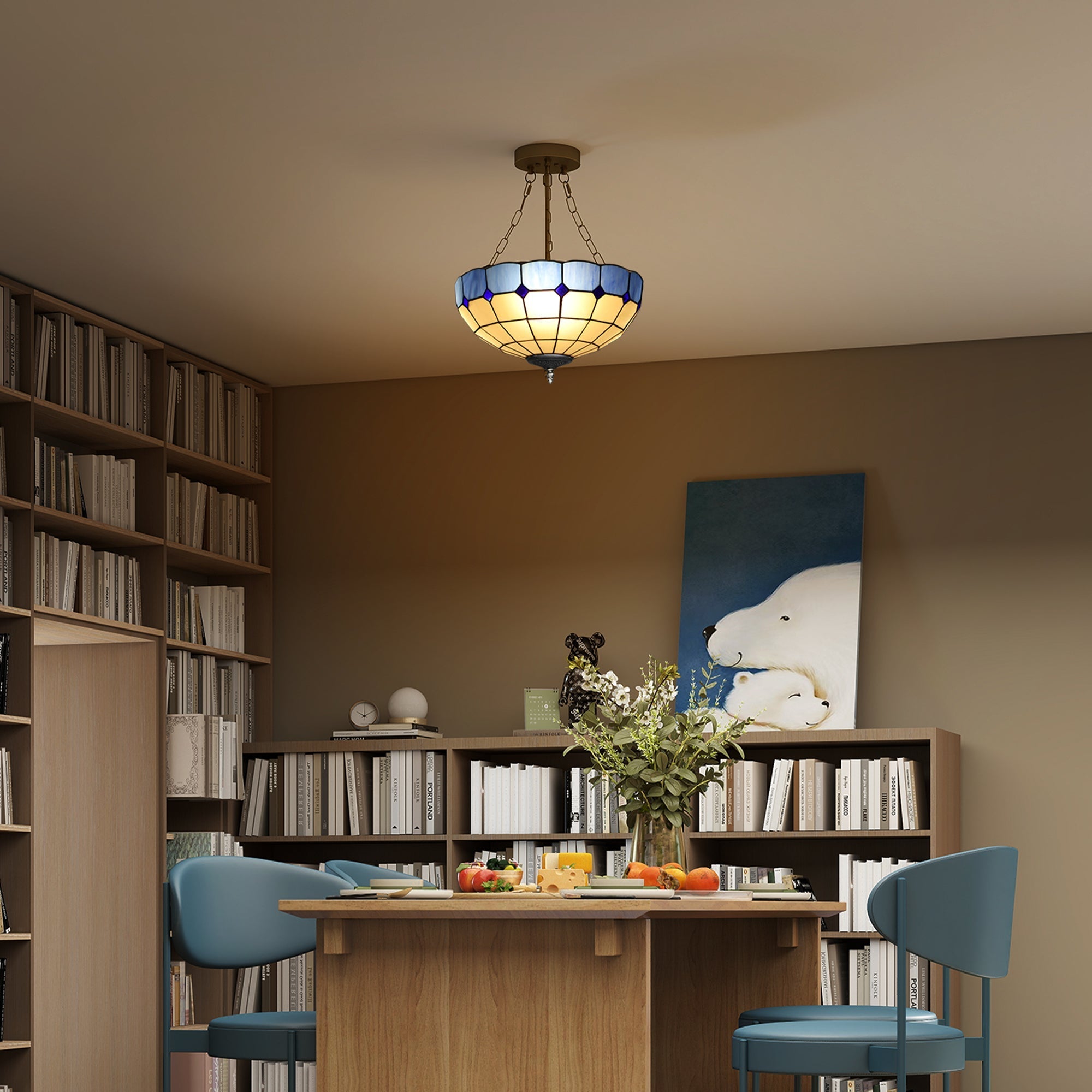 Homcom tiffany style ceiling light with stained glass blue and amber panels and three e27 bulb sockets hanging by brass chains