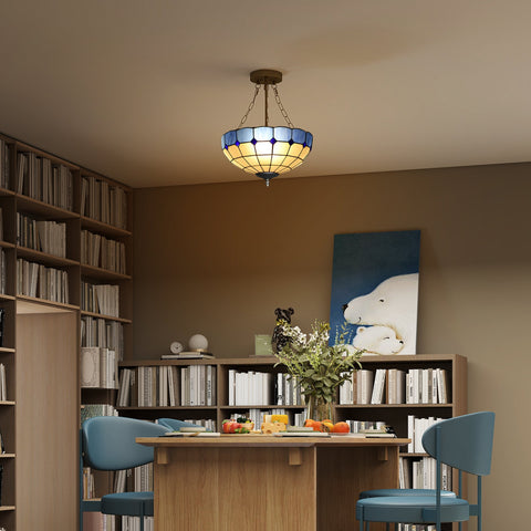 Homcom tiffany style ceiling light with stained glass blue and amber panels and three e27 bulb sockets hanging by brass chains