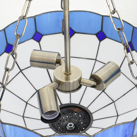 Blue and white stained glass ceiling light with three e27 bulb sockets and brushed nickel finish for living room