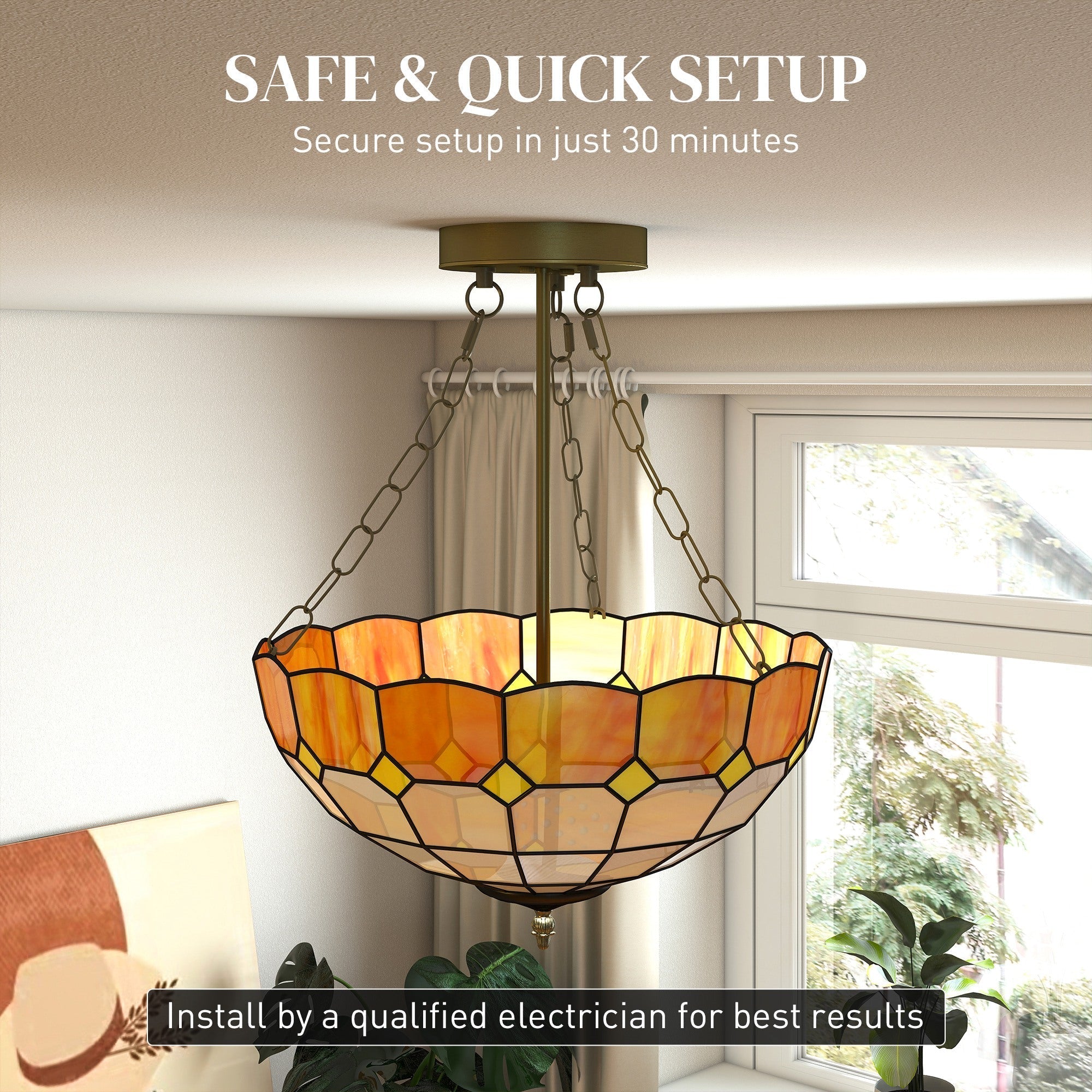 Homcom tiffany style ceiling light with amber gold mosaic glass and three e27 bulb sockets for living room