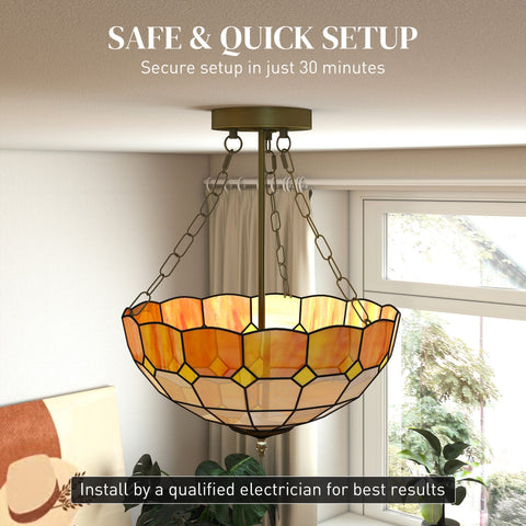 Homcom tiffany style ceiling light with amber gold mosaic glass and three e27 bulb sockets for living room
