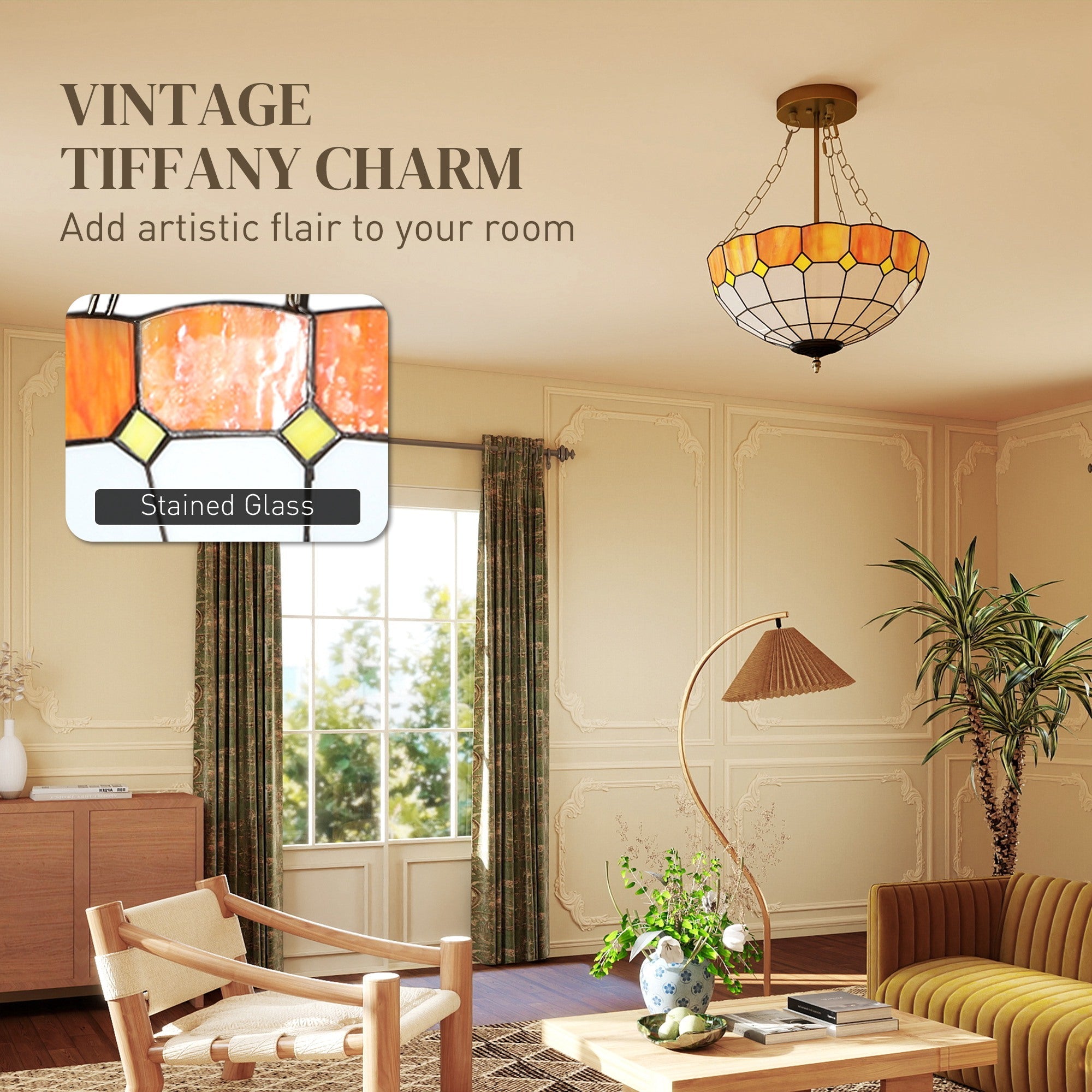 Vintage tiffany style ceiling light with amber yellow stained glass and three e27 bulb sockets for living room