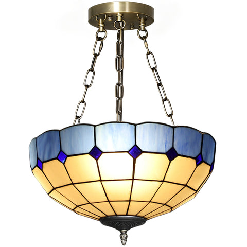 Tiffany style ceiling light with blue amber mosaic glass shade and three e27 bulb sockets hanging from brass chains