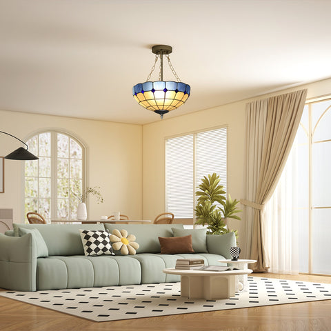 Homcom tiffany style ceiling light with three e27 bulb sockets in blue and amber stained glass and brass frame