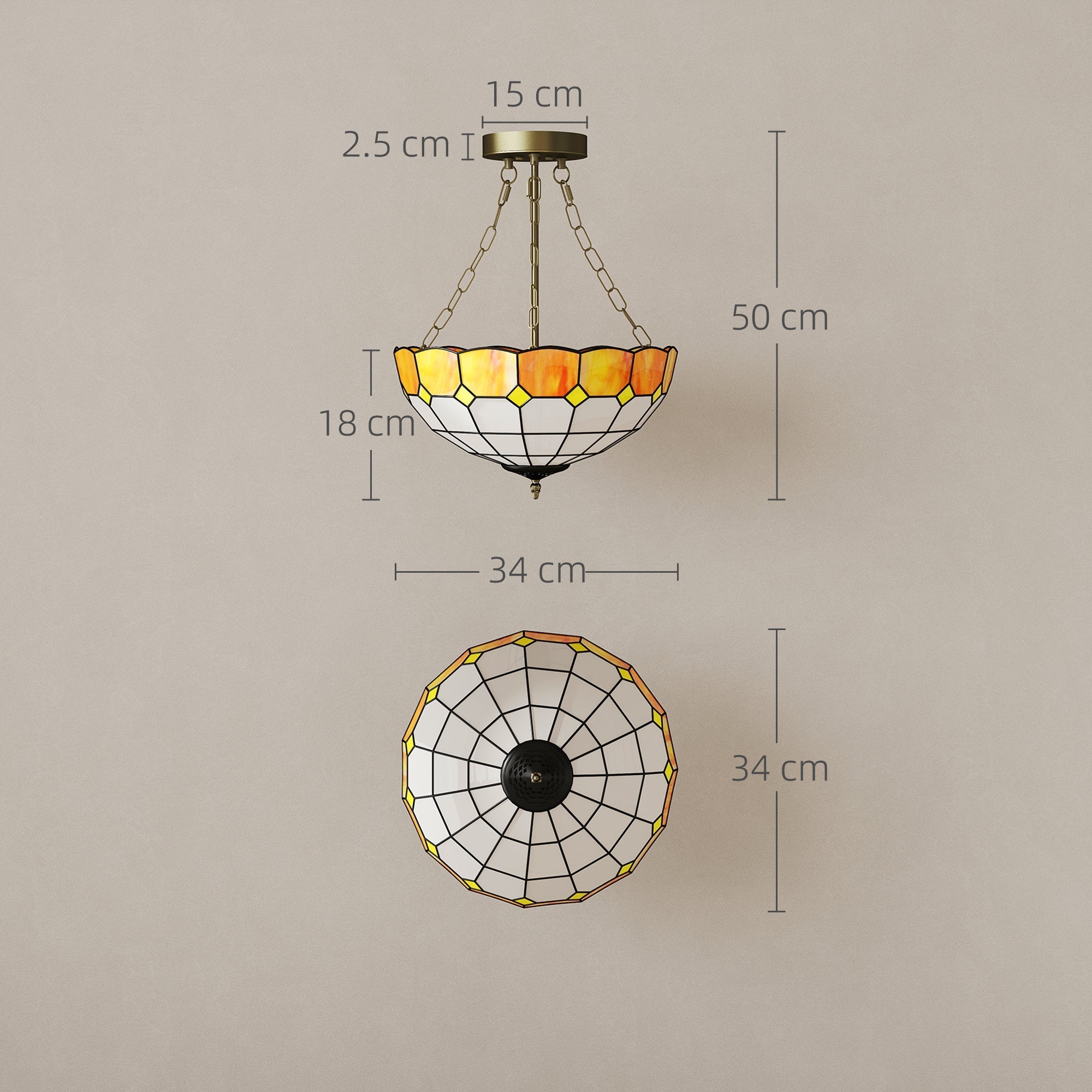 Homcom vintage-style stained glass ceiling light with warm amber mosaic and three e27 bulb sockets in brass frame