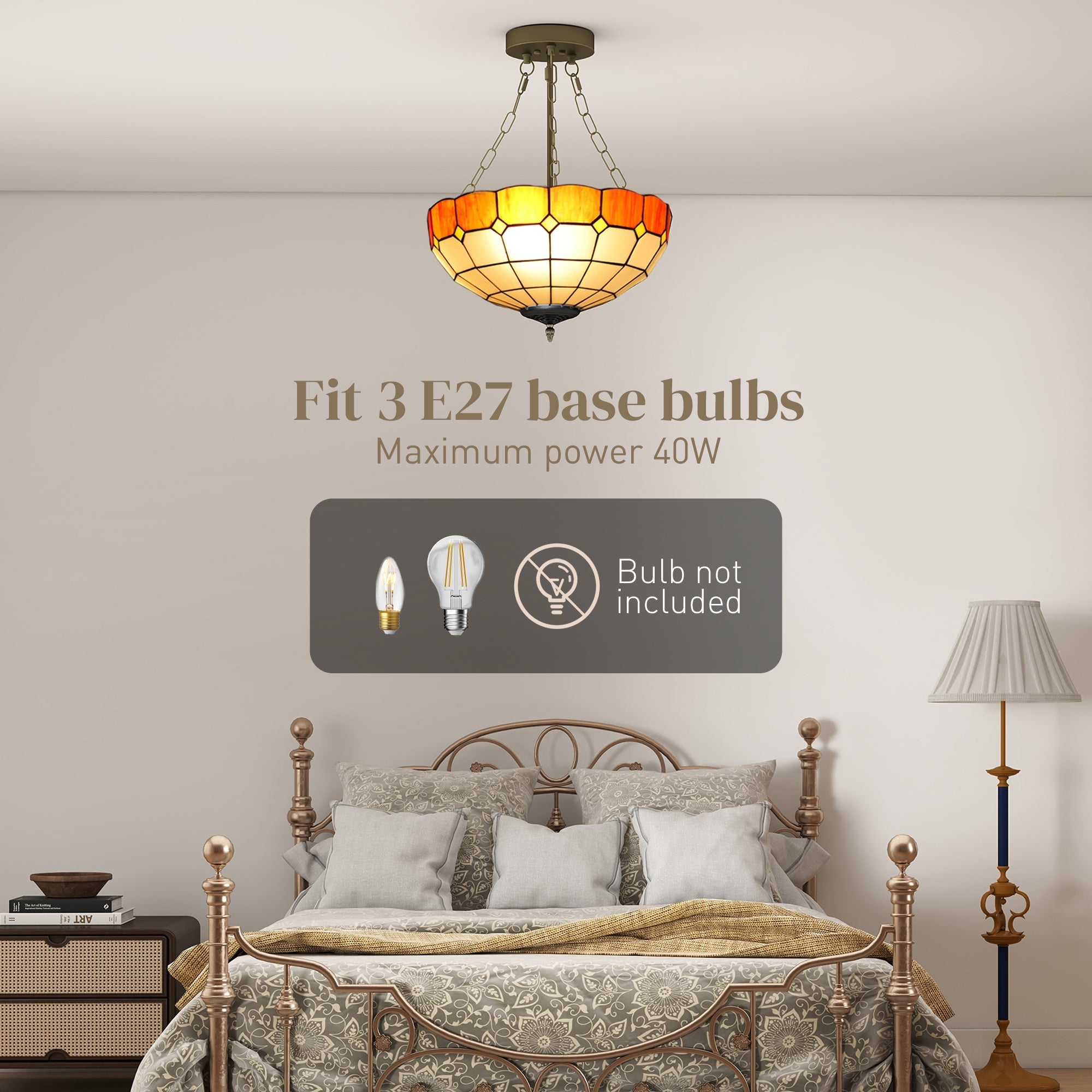 A warm-toned stained-glass ceiling light with brass frame and three e27 bulb sockets for living room use